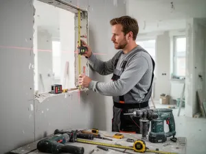Hydraulik montujący białe rury instalacji wodno-kanalizacyjnej w ścianie nowoczesnej łazienki.