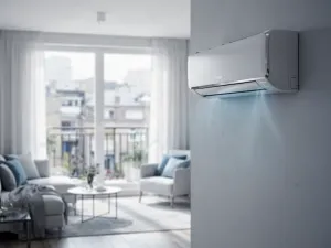 Kobieta montuje kompaktowy panel fotowoltaiczny na balustradzie balkonu w bloku, wykorzystując energię słoneczną.
