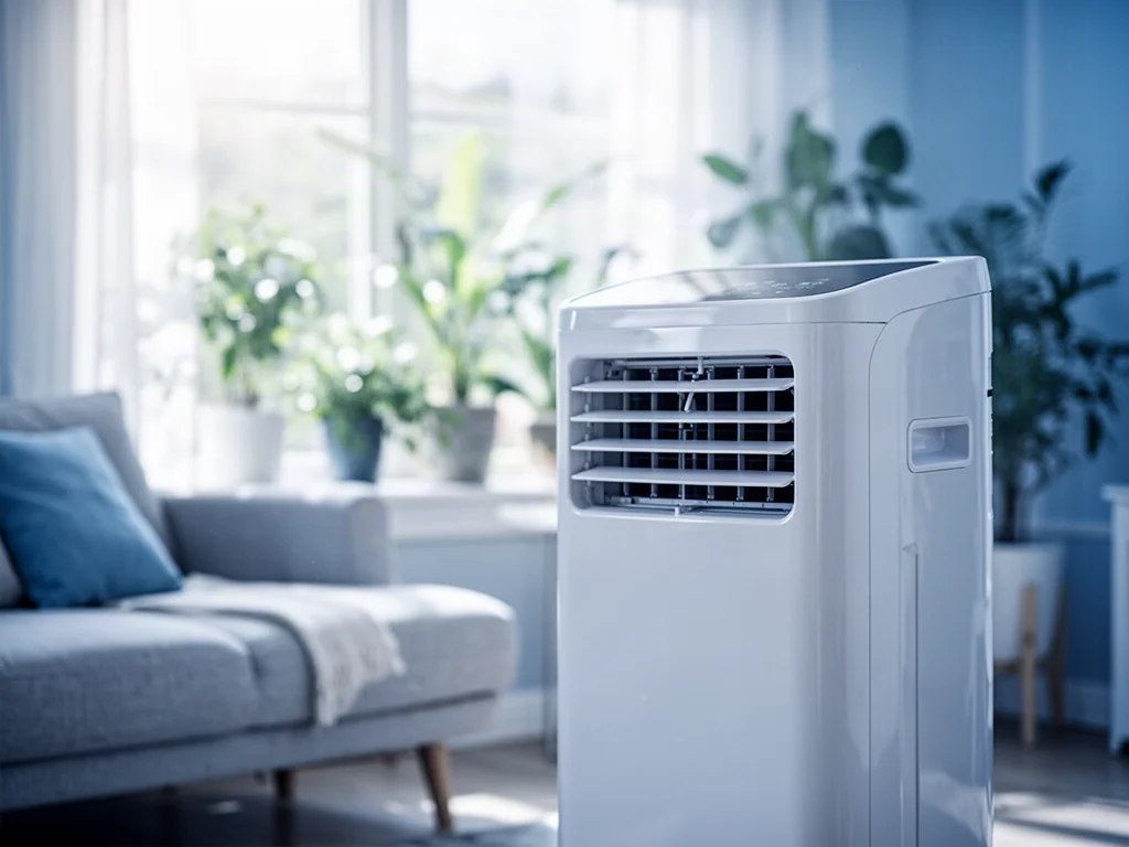 Nowoczesny klimatyzator przenośny w jasnym salonie, zapewniający przyjemny chłód w domowym wnętrzu.